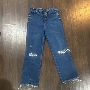 Express Women's Straight Leg Distressed Jeans - Blue